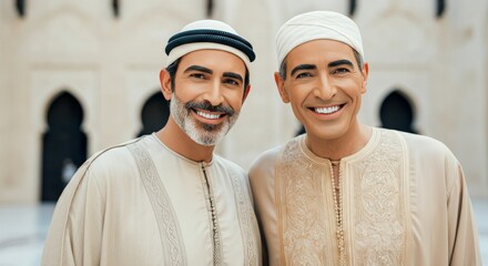 Obraz premium Middle eastern adult males in traditional attire smiling outdoors