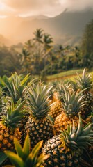 Fototapeta premium A stunning sunset scene in a pineapple field with mature yellow pineapples, mountains, and palm trees. The image exudes tranquility and beauty.