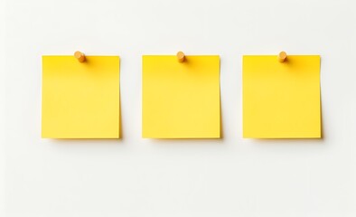 Three Yellow Sticky Notes: Minimalist mockup of three blank yellow sticky notes pinned to a wall, ready for your message or ideas. Perfect for your next project, presentation or reminder. 
