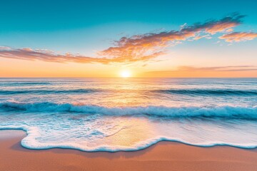 Obraz premium Gorgeous sky filled with clouds over the coastline during a striking sunrise.