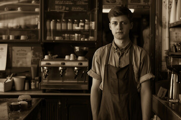 Obraz premium Retro Nostalgic Coffee Shop Scene with Barista Generative AI sepia Image