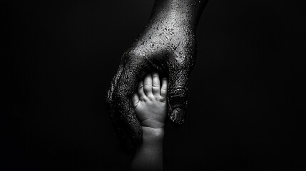 Obraz premium A large, dark hand gently holds a small baby's hand.