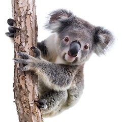 Naklejka premium Koala on a Branch: A close-up portrait of an adorable koala clinging to a tree branch, showcasing its fluffy fur, captivating eyes, and endearing expression.