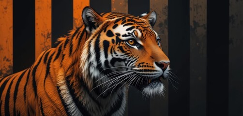 Fototapeta premium Majestic tiger portrait with vibrant orange and black stripes.
