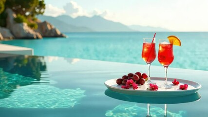 Slow motion Floating tray in the pool with cocktails and petals in the background of the sea horizon. Vacation, romantic date or honeymoon in a luxury tourist hotel. Picture with space for text - Powered by Adobe