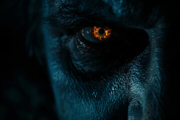 Fototapeta premium Creepy Maniac with Intense Glowing Eyes in Dark Sinister Atmosphere Generative AI