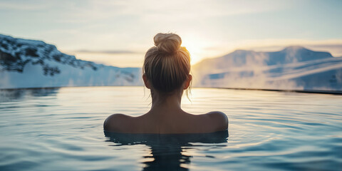 Beautiful young woman relaxing in hot springs pool in Iceland on a winter day. Female traveler enjoying thermal bath in hot springs in Iceland.