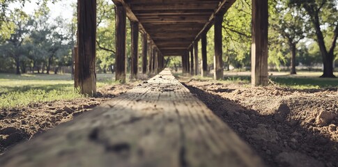 A wooden beam lies on a sand pile, illuminated by sunlight streaming through an opening in the structure.