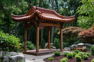 Obraz premium Beautiful wooden gazebo is standing in a peaceful garden setting