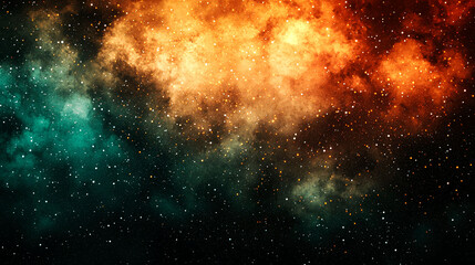 Naklejka premium Cosmic nebula with teal and orange clouds.