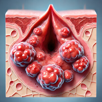 A realistic close-up image of external hemorrhoids, showing swollen, painful lumps around the anal opening. highlight redness, swelling, and possible irritation caused by external hemorrhoids.