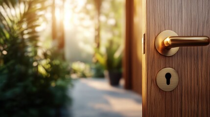 Obraz premium A wooden door slightly ajar reveals a lush, sunlit garden with foliage, symbolizing new possibilities and tranquility in a serene outdoor setting.