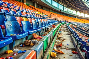 Fototapeta premium Macro Photography: Abandoned Stadium Waste - Close-up Images of Trash, Debris, and Litter in Empty Stadium Seats