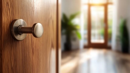 Obraz premium A handsome wood door opens into a bright living room filled with sunlight and green plants, creating an inviting, warm, and refreshing indoor space.