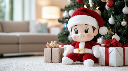 Cheerful Santa doll sits by Christmas tree with gifts.