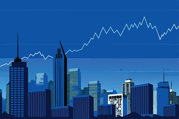 Create a vector illustration of towering financial skyscrapers at sunset, showcasing a vibrant cityscape with detailed architectural elements and a dynamic, modern aesthetic.