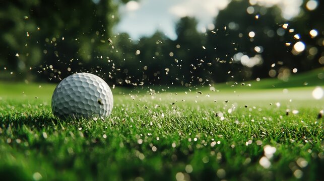 A golf ball is captured in mid-air as it propels through a burst of grass and debris, showcasing motion and energy on a sunlit golf course setting.