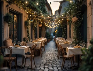 A charming outdoor food cafe on a cobblestone street, featuring small tables with elegant tableware and plates of fresh pasta, bread, and wine glasses, generative ai