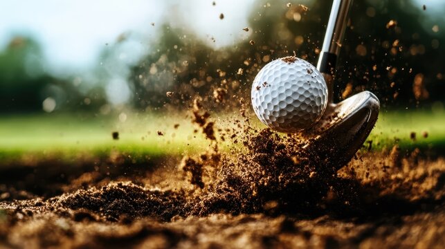 A dynamic and close-up capture of a golf ball being struck by a club, with dirt flying, showcasing the power and precision of the swing in a vibrant outdoor setting.