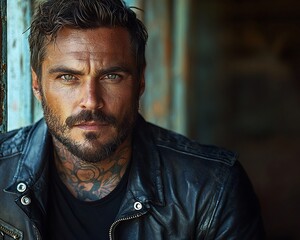 Obraz premium Edgy Leather Clad Man with Tattoos in Gritty Urban Setting Confident Expression
