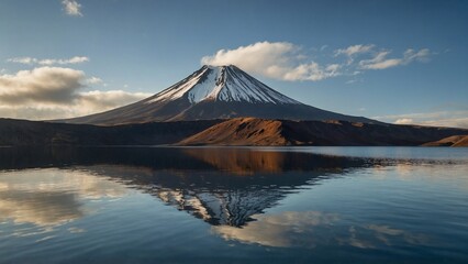 Volcanic mountain in morning light reflected in calm waters of lake.