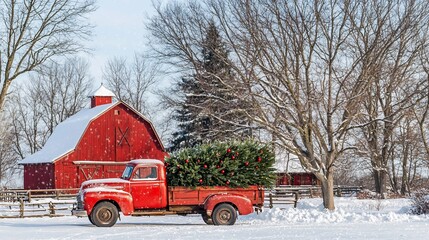 Naklejka premium Red truck carrying Christmas tree, snowy winter scene.