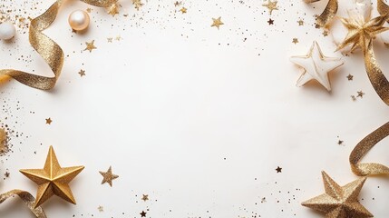 Minimalistic birthday greeting card featuring an intricate gold-lined frame on a soft white background decorated with whimsical golden stars and flowing ribbons on the right corner festive