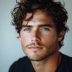 Fototapeta premium Pensive Young Man in Minimalist Portrait with Calm Expression and Bright Eyes