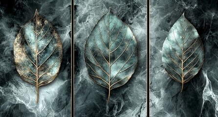 A 3D art wallpaper featuring blue, turquoise, and gray leaves and feathers, accented with golden details on a black background.
