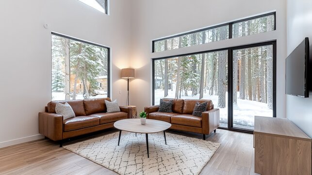 Fototapeta Modern living room with leather sofas, large windows, and winter forest view.