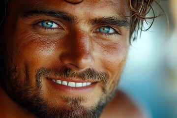 Closeup of Smiling Handsome Man with Piercing Eyes in Natural Light Portrait
