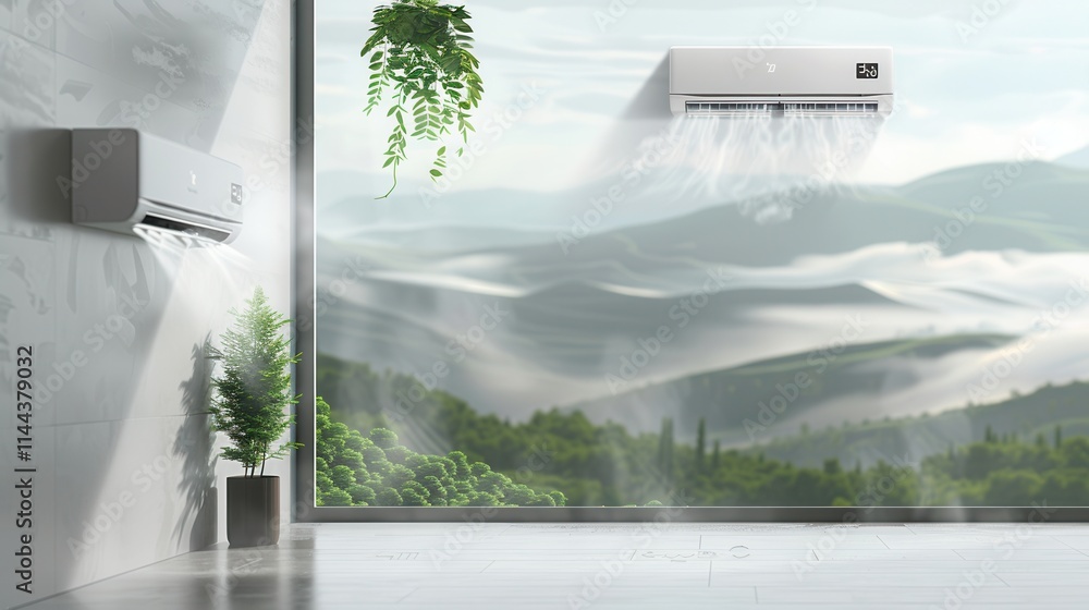 Aufkleber wall mounted air conditioner provides cool comfort with an open window overlooking scenic mountains 