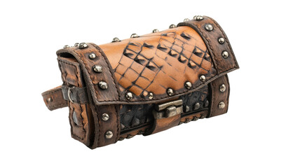 Handcrafted leather pouch with intricate detailing and metal studs, ideal for storing small personal items and accessories.