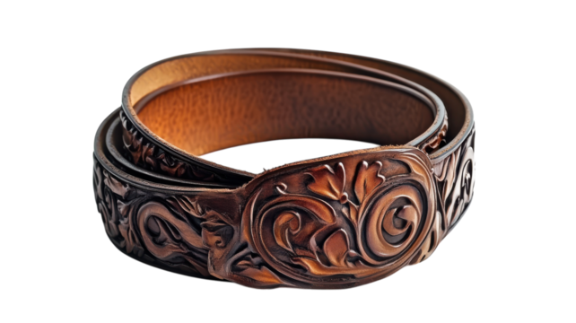 Intricately carved brown leather wristbands showcasing detailed floral designs on a transparent background.