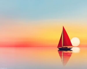 Fototapeta premium A sunset view of a sailboat gliding across a tranquil ocean