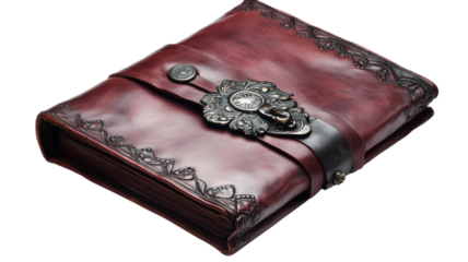 A beautifully crafted vintage leather journal with ornate detailing and a unique clasp design on a neutral background.