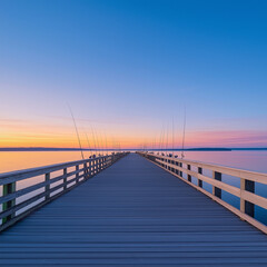 Fototapeta premium Relaxing Evenings at the Sunset-Lit Pier with Fishing Rods (Rephrased)