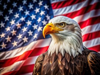 Majestic American Eagle Aerial Portrait, USA Flag Background, Patriotic Bird Photography
