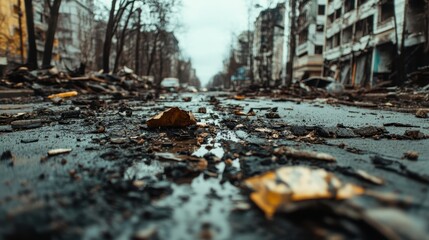 An overcast sky looms over a street lined with debris and ruins, emphasizing the stark contrast and sadness of urban decay and destruction in a haunting scene.