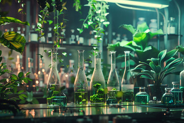 Generative AI Image of Futuristic Laboratory with DNA Helix in Test Tubes