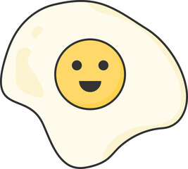 Cartoon-style fried egg with a smiling face on the yolk, irregularly shaped egg white, and bright yellow yolk with two black eyes and a curved mouth.
