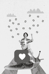 Collage photo of young woman fists up sit sliding snail celebrate her first million likes hooray excited blogger isolated on beige color background