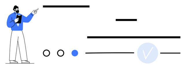 Character pointing at data lines with clipboard in hand. Ideal for presentations, reports, data analysis, business meetings, training sessions, educational content, visual storytelling. Line metaphor