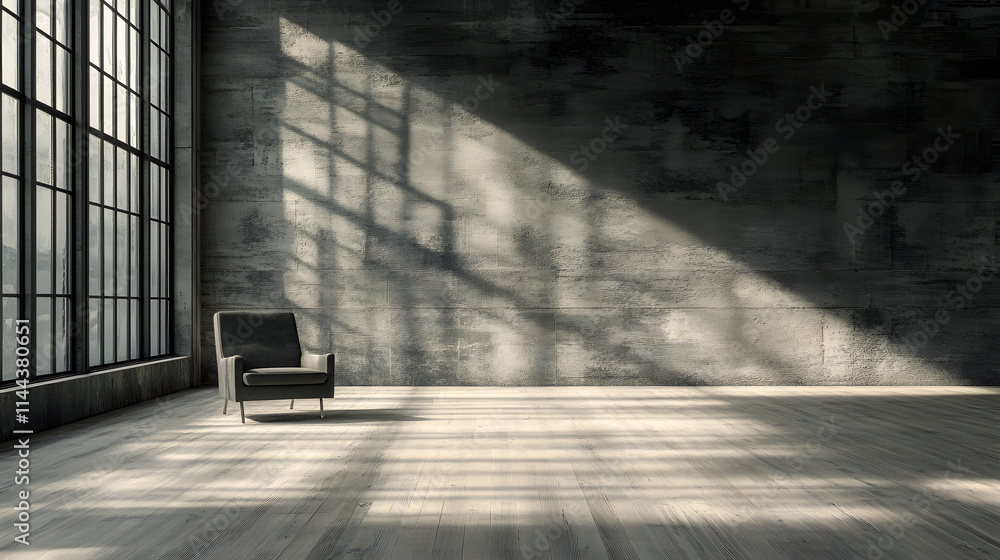 Poster a minimalist interior featuring a solitary chair in a sunlit room with large windows casting dynamic
