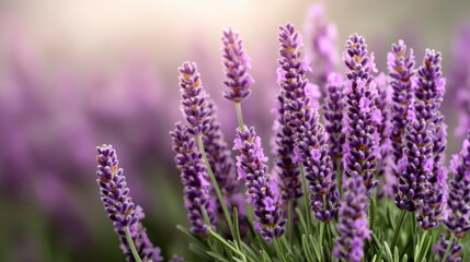 Obraz premium A close-up capture showcasing lavender flowers beautifully illuminated by gentle sunlight, with a soft-focus background, evoking warmth and nature's subtle elegance.