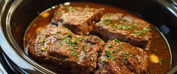 Tender Juicy Slow-Cooked Beef Steaks in Gravy Highlighted with Fresh Herbs