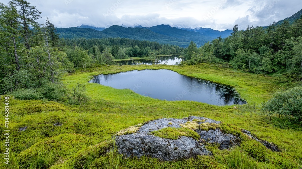 Canvas Prints Serene mountain lake nestled in lush green meadow.