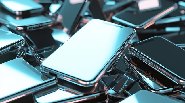 3D rendering of a pile of mobile phones with blank screens on a table. The background features many digital devices, conveying a futuristic and modern concept of technology for online shopping.