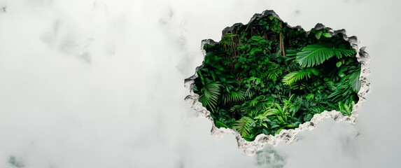 Green Jungle Through Cracked Wall Highlighting Eco-Art Design