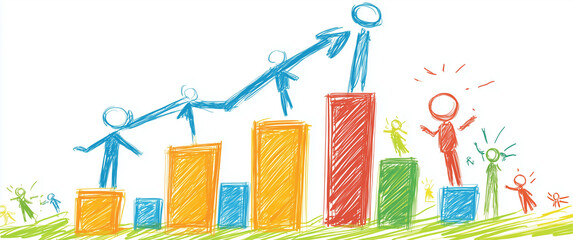 Fototapeta premium Collaborative Growth Concept With Stick Figures Climbing Bar Graphs